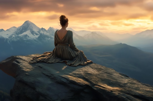 Mujer sentada en una montaña mirando las montañas