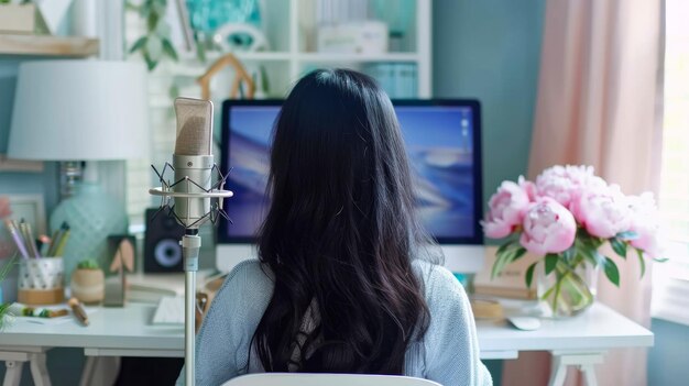mujer sentada en una oficina en casa hablando en un micrófono de podcast de 6 pulgadas de altura de pie en el escritorioLa oficina en casa está decorada en un acogedor estilo capricho pastel