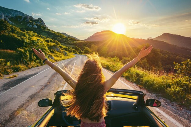 Foto una mujer sentada en la parte trasera de un coche en una carretera