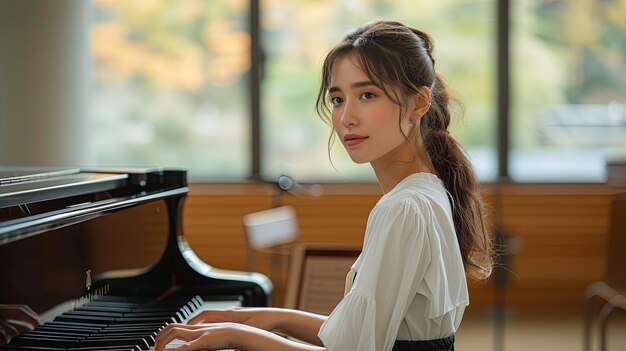 Mujer sentada en el piano en la habitación