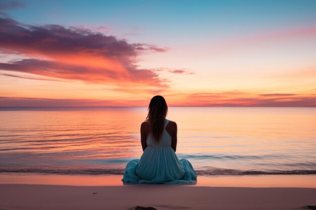 Una mujer sentada en una playa de colores pastel al atardecer