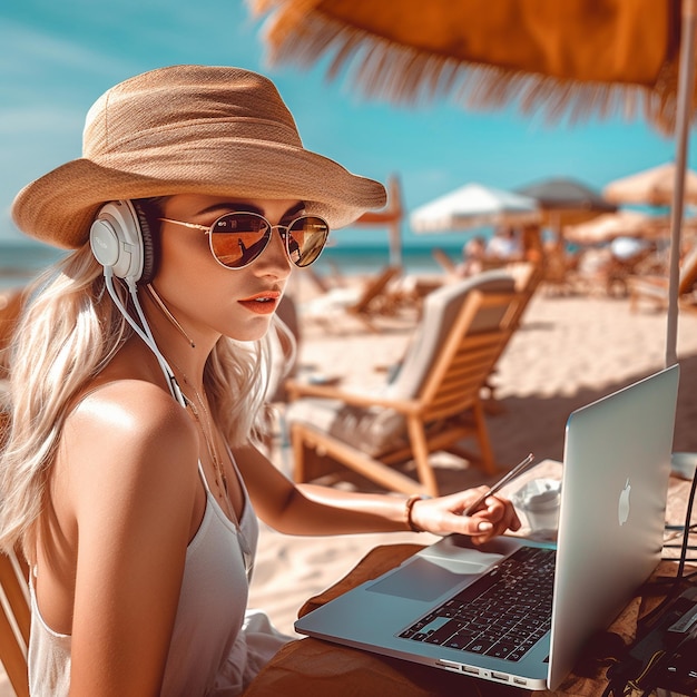una mujer sentada en la playa con una computadora portátil y auriculares