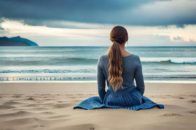 Mujer sentada en la playa y mirando el océano