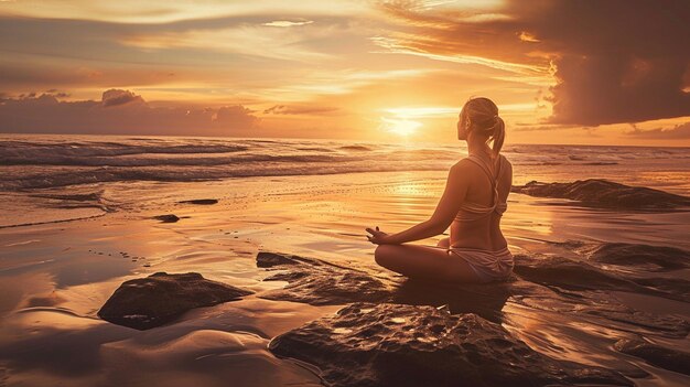 mujer sentada en la playa en una pose de yoga al atardecer ai generativo