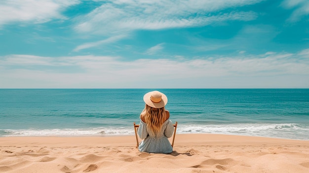 mujer sentada en la playa con vistas al mar y al mar