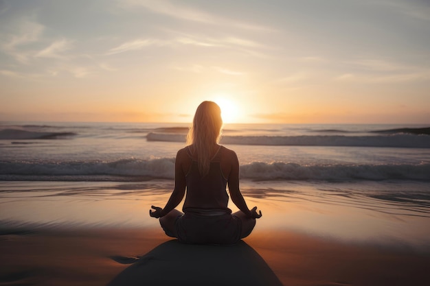 Una mujer sentada en posición de loto en una playa al amanecer con el océano de fondo IA generativa
