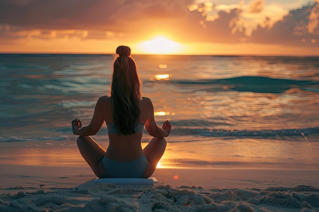 Una mujer sentada en una posición de yoga en la playa