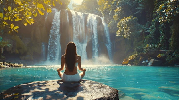 Mujer sentada en la postura del loto en las cascadas meditando practicando retiro de yoga pranayama en la cascada Vista desde atrás