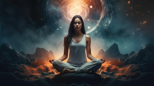 Mujer sentada en postura de loto meditando y haciendo yoga para la salud