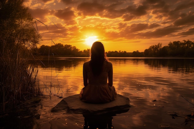 Una mujer sentada en una roca en el agua al atardecer