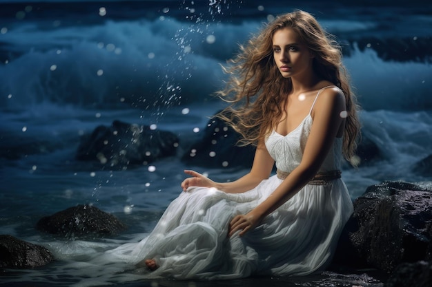Una mujer sentada en una roca en el agua