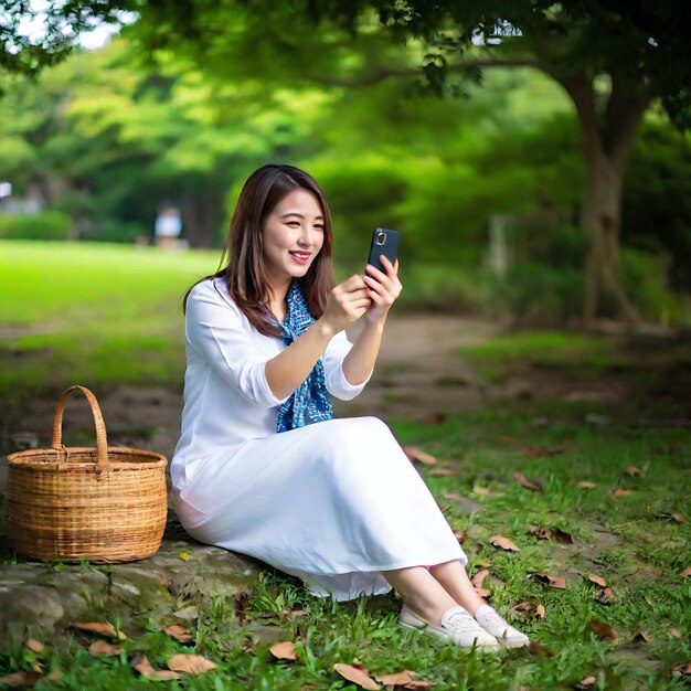 Foto una mujer está sentada en una roca y mirando su teléfono