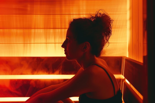 Foto una mujer sentada en una sala de sauna con un interior de sauna infrarrojo de luz roja