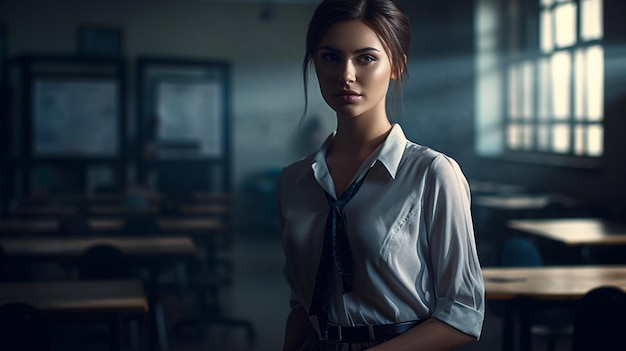 Una mujer sentada en un salón de clases.