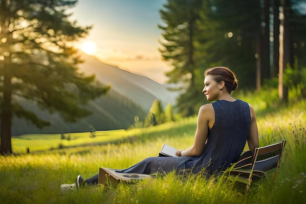 Una mujer sentada en una silla en un campo leyendo un libro.