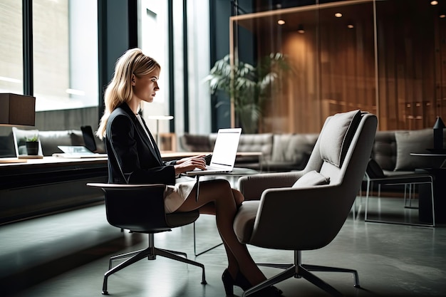 Una mujer sentada en una silla con una computadora portátil Generative Ai