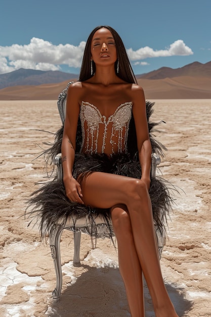una mujer sentada en una silla en el desierto