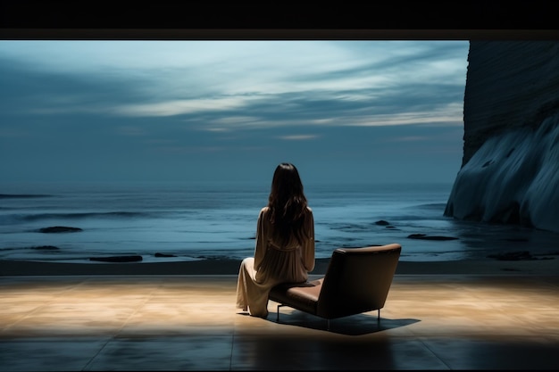 Foto una mujer sentada en una silla frente a una gran pantalla