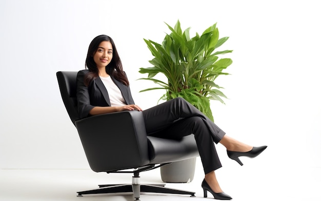 Mujer sentada en una silla junto a una planta en maceta