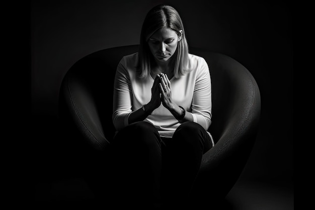 Una mujer sentada en una silla orando en la oscuridad Ai Generativo