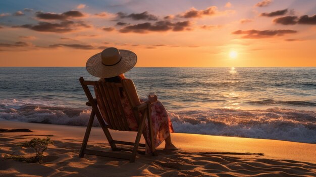 Mujer sentada en una silla en la playa de arena cerca del mar Vacaciones de verano y concepto de vacaciones para el turismo