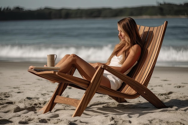 Una mujer sentada en una silla en la playa Generative Ai