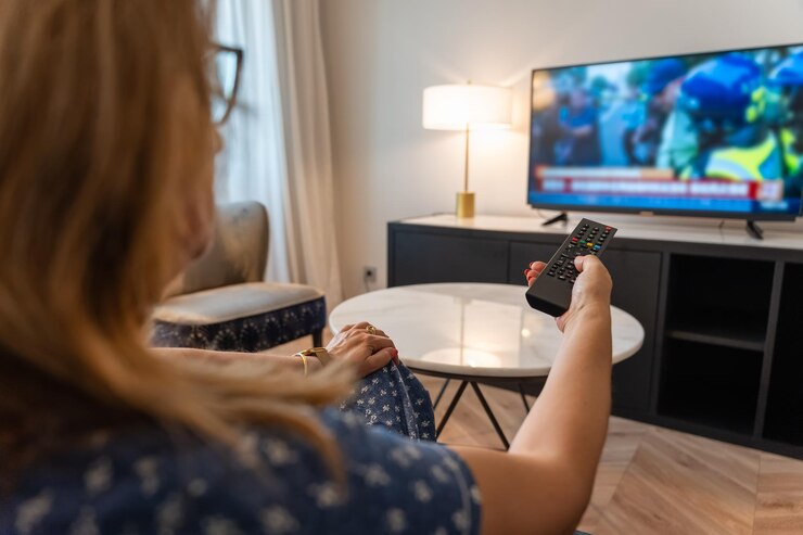 Foto mujer sentada en un sillón con la espalda hacia ella y cambiando el canal de tv con el control remoto
