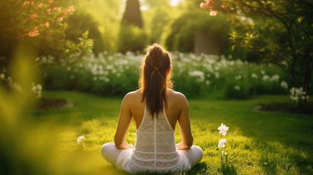 Mujer sentada sobre el césped practicando ejercicios de yoga en el jardín de verano IA generativa