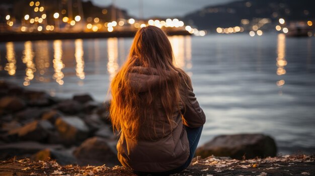 una mujer sentada sobre una roca junto al agua por la noche