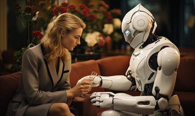 Mujer sentada en el sofá junto al robot
