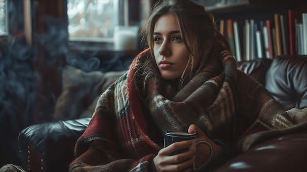 Una mujer sentada en un sofá con una manta y una taza de café