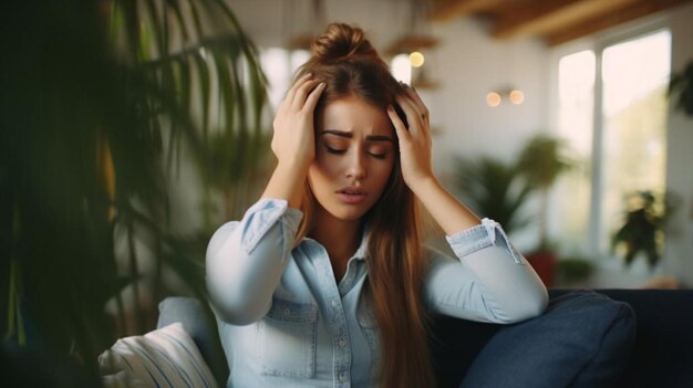 Foto una mujer sentada en un sofá sosteniendo su cabeza