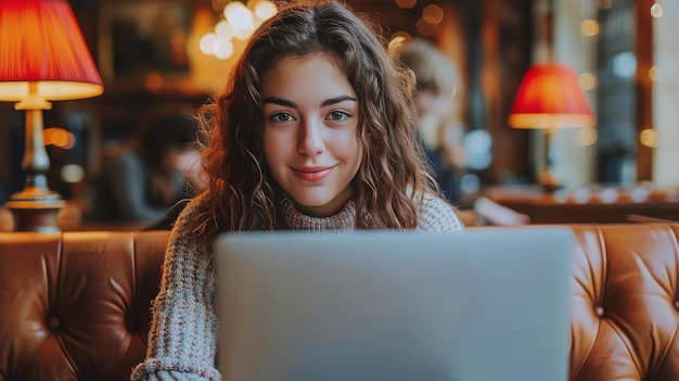 Mujer sentada en el sofá usando una computadora portátil