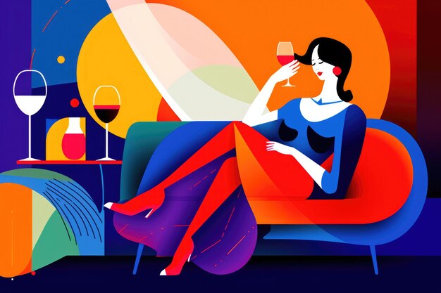 Foto mujer sentada en el sofá con vino y una botella de vino en el estilo de colores brillantes ia generativa