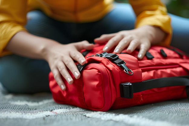 Una mujer sentada en el suelo con una bolsa roja