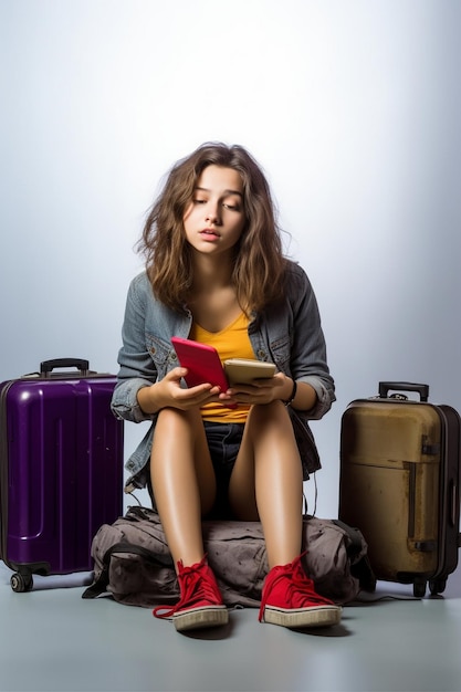 Foto una mujer sentada en el suelo con una bolsa de viaje