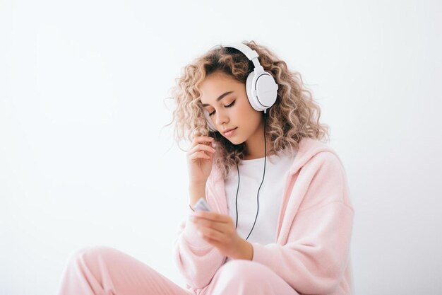 Foto una mujer sentada en el suelo escuchando auriculares