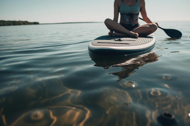 Una mujer sentada en una tabla de paddle en el agua con las piernas cruzadas.