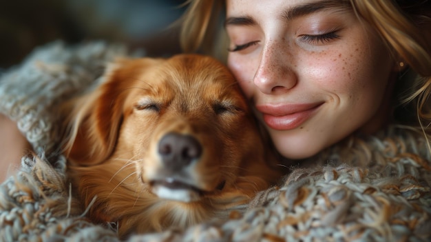 Una mujer serena abrazando a su adormecido Golden Retriever