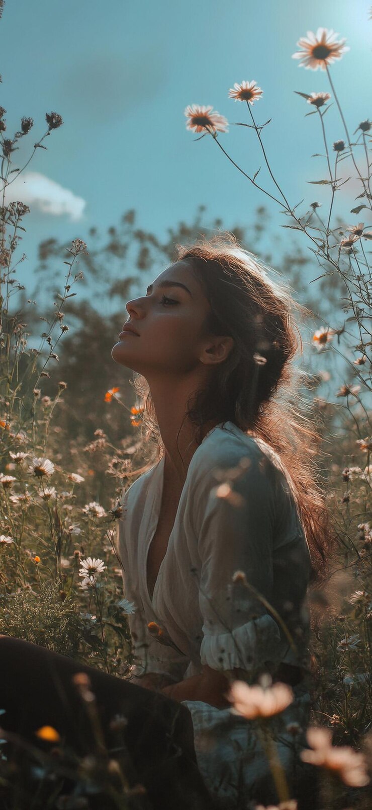 Una mujer serena en un campo de flores abrazando la belleza de la naturaleza