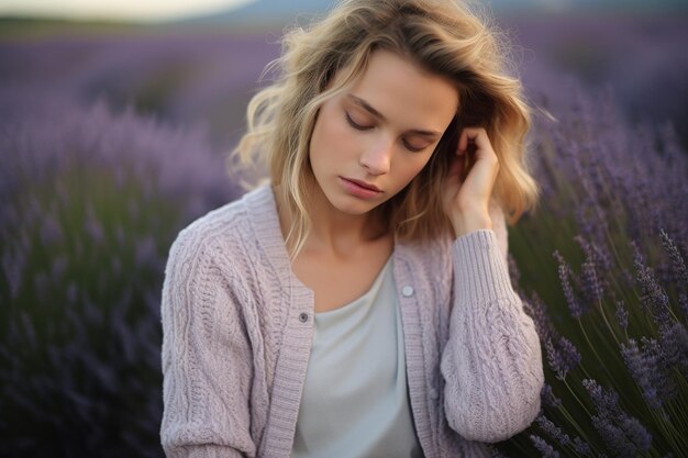 Mujer serena en colores pastel refleja pacíficamente contra el fondo de lavanda