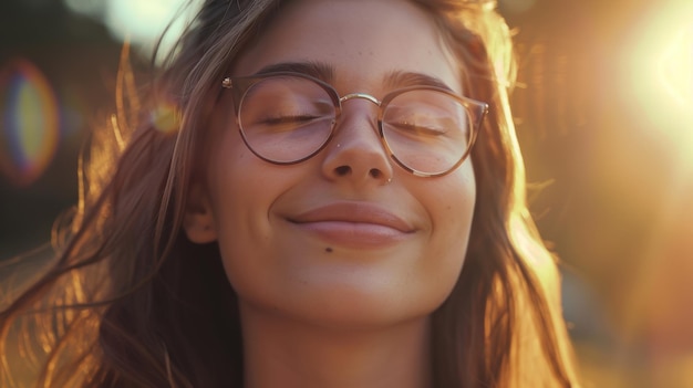 Una mujer serena disfruta de una puesta de sol dorada sus gafas reflejan la luz