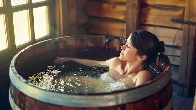 Una mujer serena disfrutando de una bañera de agua caliente de madera