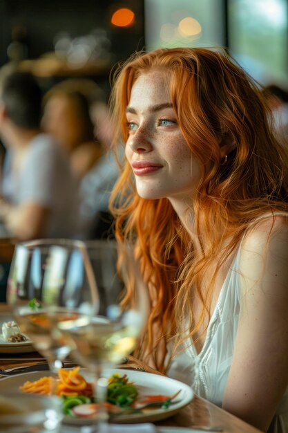 Una mujer serena disfrutando de una excelente experiencia gastronómica en un elegante restaurante con iluminación natural