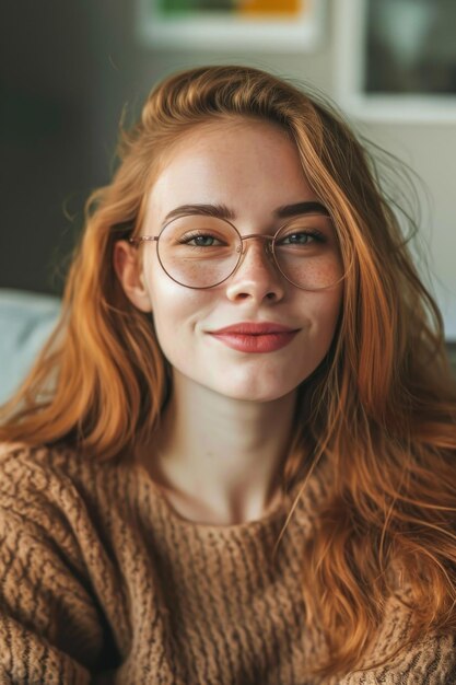 Una mujer serena y elegante con gafas y cabello marrón en una postura reflexiva