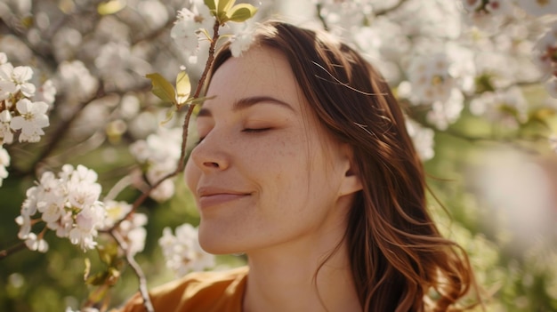 Mujer serena entre flores blancas ojos cerrados en un jardín soleado