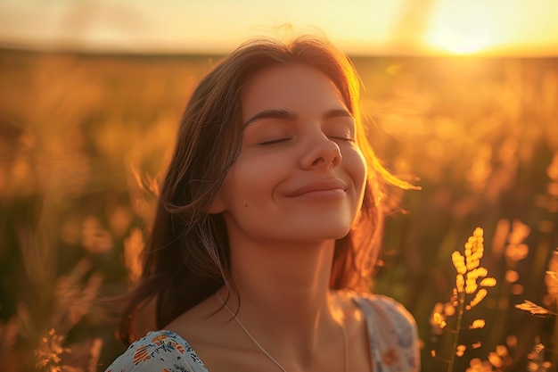 Una mujer serena y hermosa con una sonrisa tranquila en un retrato retroiluminado