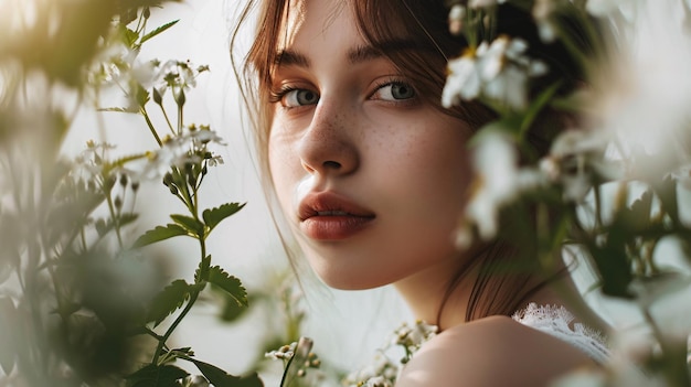 Mujer serena en medio de las flores de primavera IA generativa