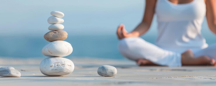Mujer serena meditando con rocas equilibradas Encontrando tranquilidad en la naturaleza Profundidad de campo con espacio para copiar texto