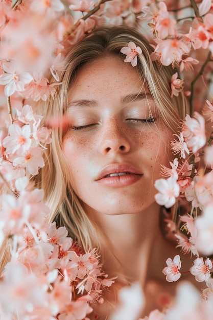 Mujer serena con los ojos cerrados rodeada de flores de cerezo rosadas en flor Concepto de la primavera